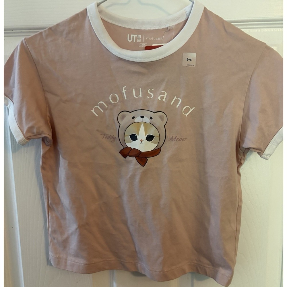 Uniqlo Teddy Meow mofusand Kids Ringer T-Shirt Pink White Size 5-6